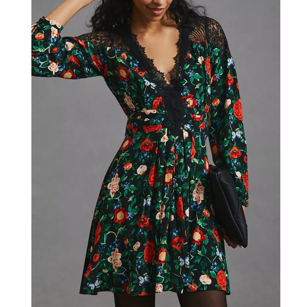 By Anthropologie Lacy V-Neck Mini Dress - Size 00 / XXS / 2XS